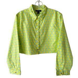 Cropped Lands End Button Up Shirt 12 Print Yellow Mediterranean Geometric
